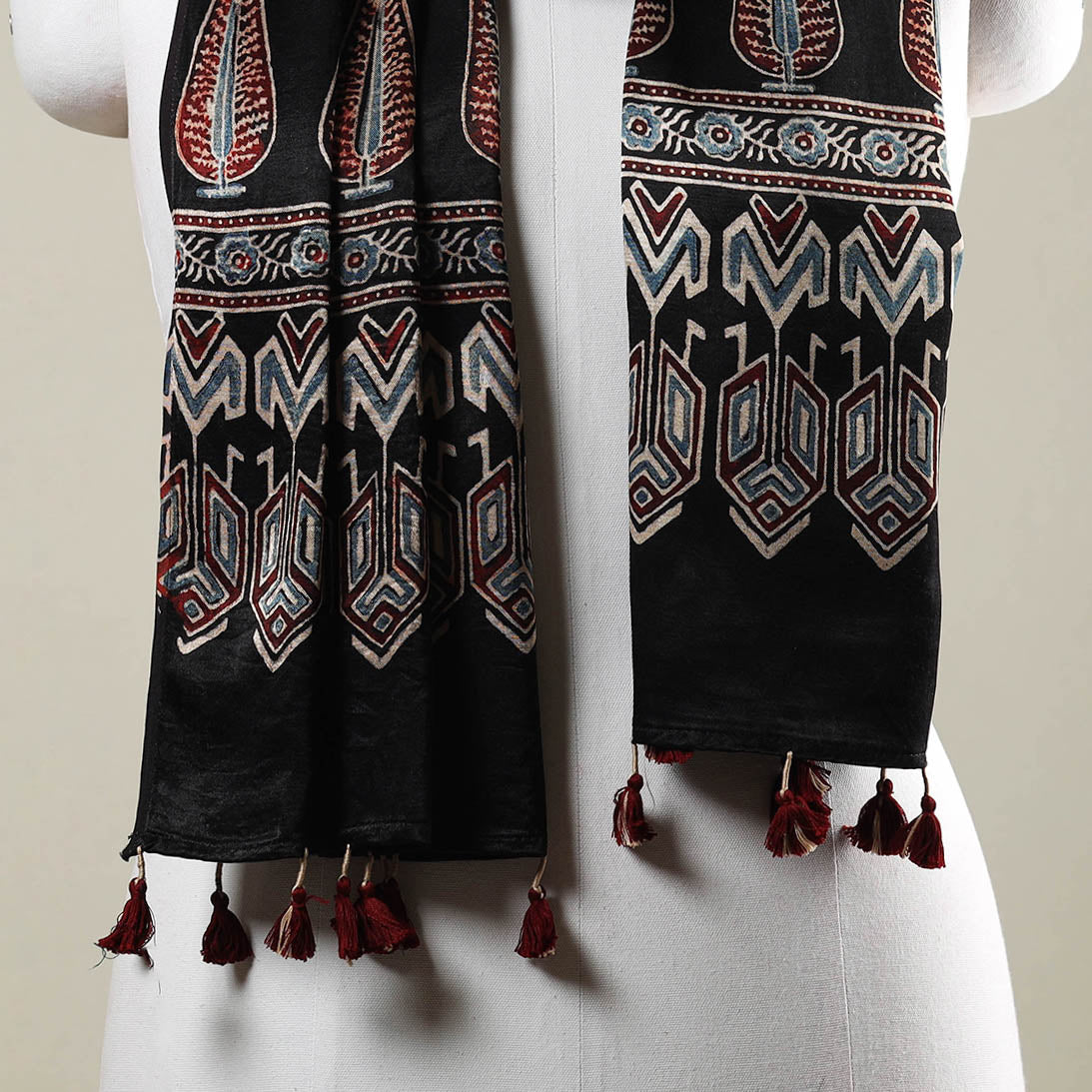 Black - Ajrakh Hand Block Printed Mashru Silk Stole with Tassels