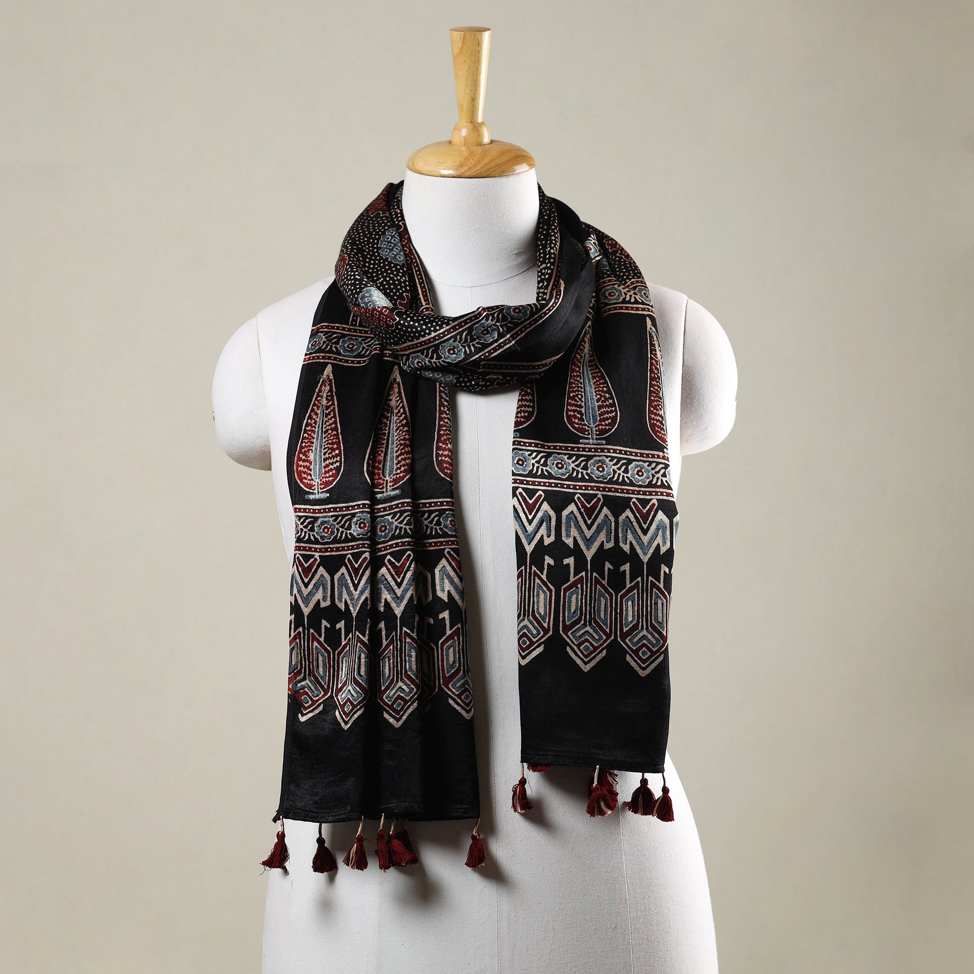 Black - Ajrakh Hand Block Printed Mashru Silk Stole with Tassels