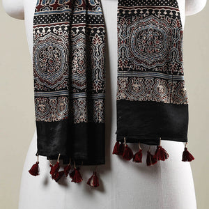 Black - Ajrakh Hand Block Printed Mashru Silk Stole with Tassels