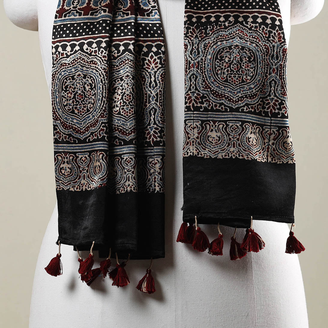 Black - Ajrakh Hand Block Printed Mashru Silk Stole with Tassels