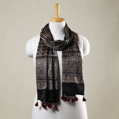 Black - Ajrakh Hand Block Printed Mashru Silk Stole with Tassels