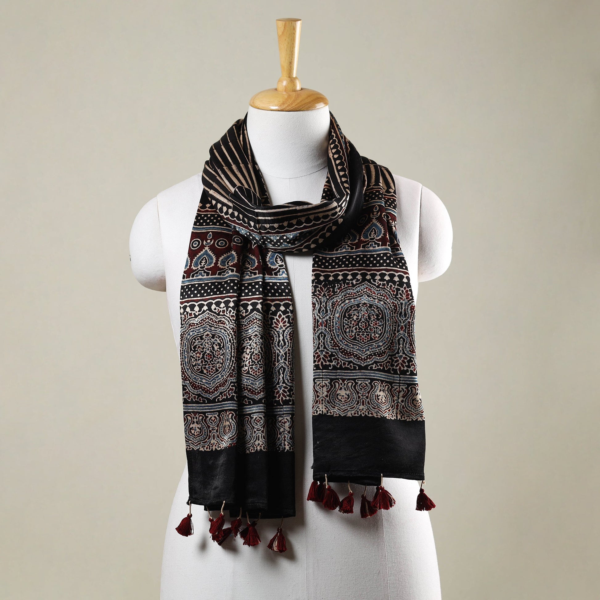 Black - Ajrakh Hand Block Printed Mashru Silk Stole with Tassels