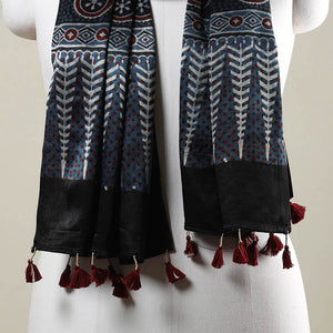 Blue - Ajrakh Hand Block Printed Mashru Silk Stole with Tassels