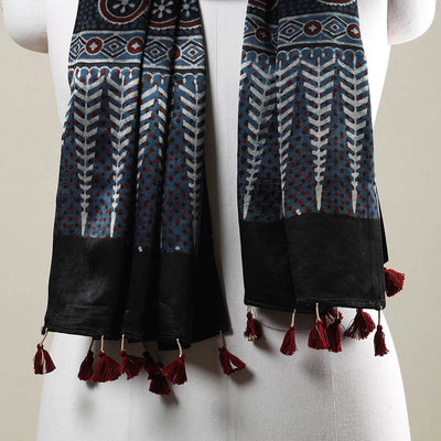 Blue - Ajrakh Hand Block Printed Mashru Silk Stole with Tassels