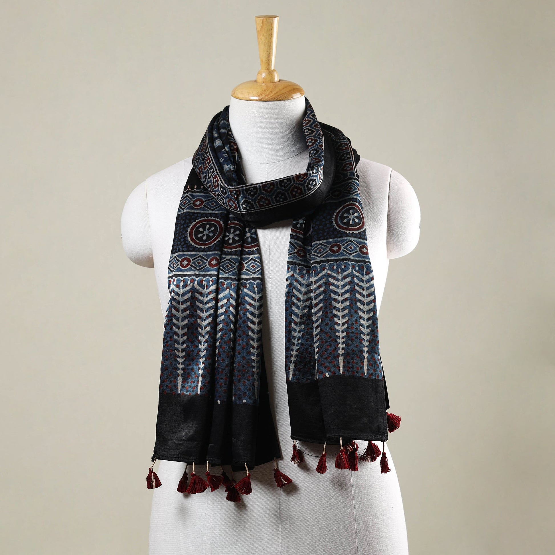 Blue - Ajrakh Hand Block Printed Mashru Silk Stole with Tassels