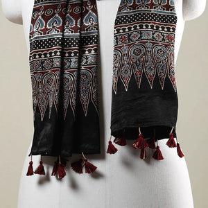 Black - Ajrakh Hand Block Printed Mashru Silk Stole with Tassels