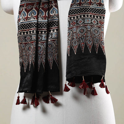 Black - Ajrakh Hand Block Printed Mashru Silk Stole with Tassels