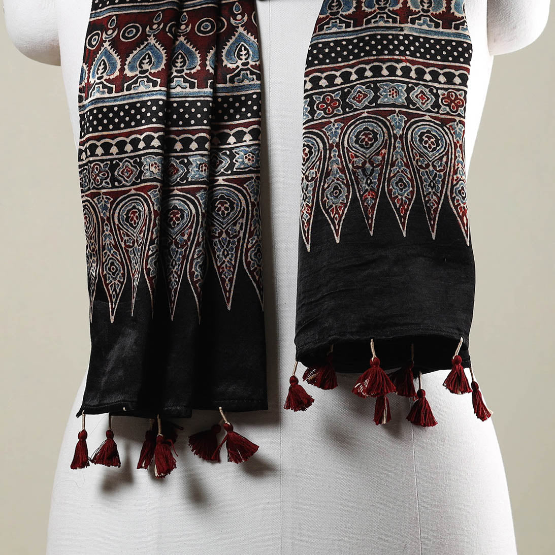Black - Ajrakh Hand Block Printed Mashru Silk Stole with Tassels