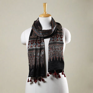 Black - Ajrakh Hand Block Printed Mashru Silk Stole with Tassels