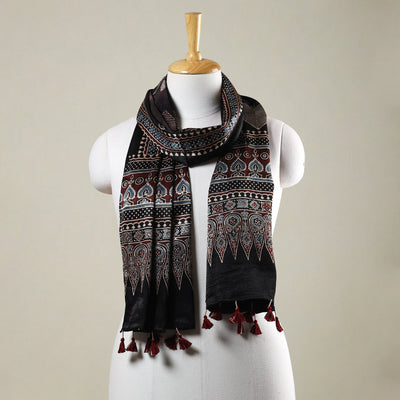 Black - Ajrakh Hand Block Printed Mashru Silk Stole with Tassels