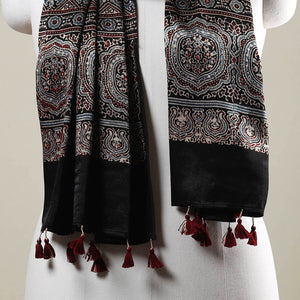Black - Ajrakh Hand Block Printed Mashru Silk Stole with Tassels