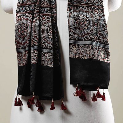 Black - Ajrakh Hand Block Printed Mashru Silk Stole with Tassels