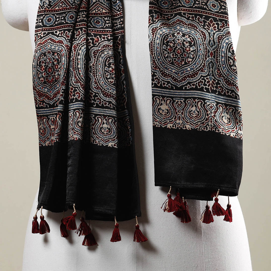 Black - Ajrakh Hand Block Printed Mashru Silk Stole with Tassels