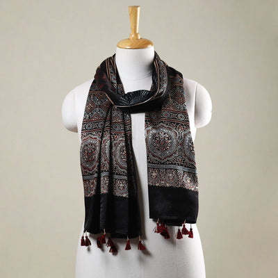 Black - Ajrakh Hand Block Printed Mashru Silk Stole with Tassels