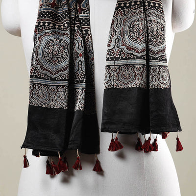 Black - Ajrakh Hand Block Printed Mashru Silk Stole with Tassels