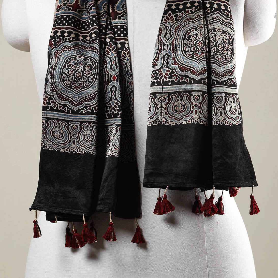 Black - Ajrakh Hand Block Printed Mashru Silk Stole with Tassels