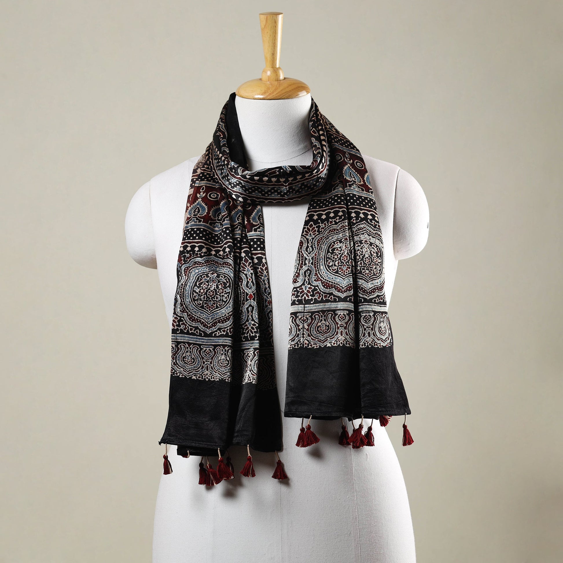 Black - Ajrakh Hand Block Printed Mashru Silk Stole with Tassels