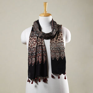 Black - Ajrakh Hand Block Printed Modal Silk Stole with Tassels