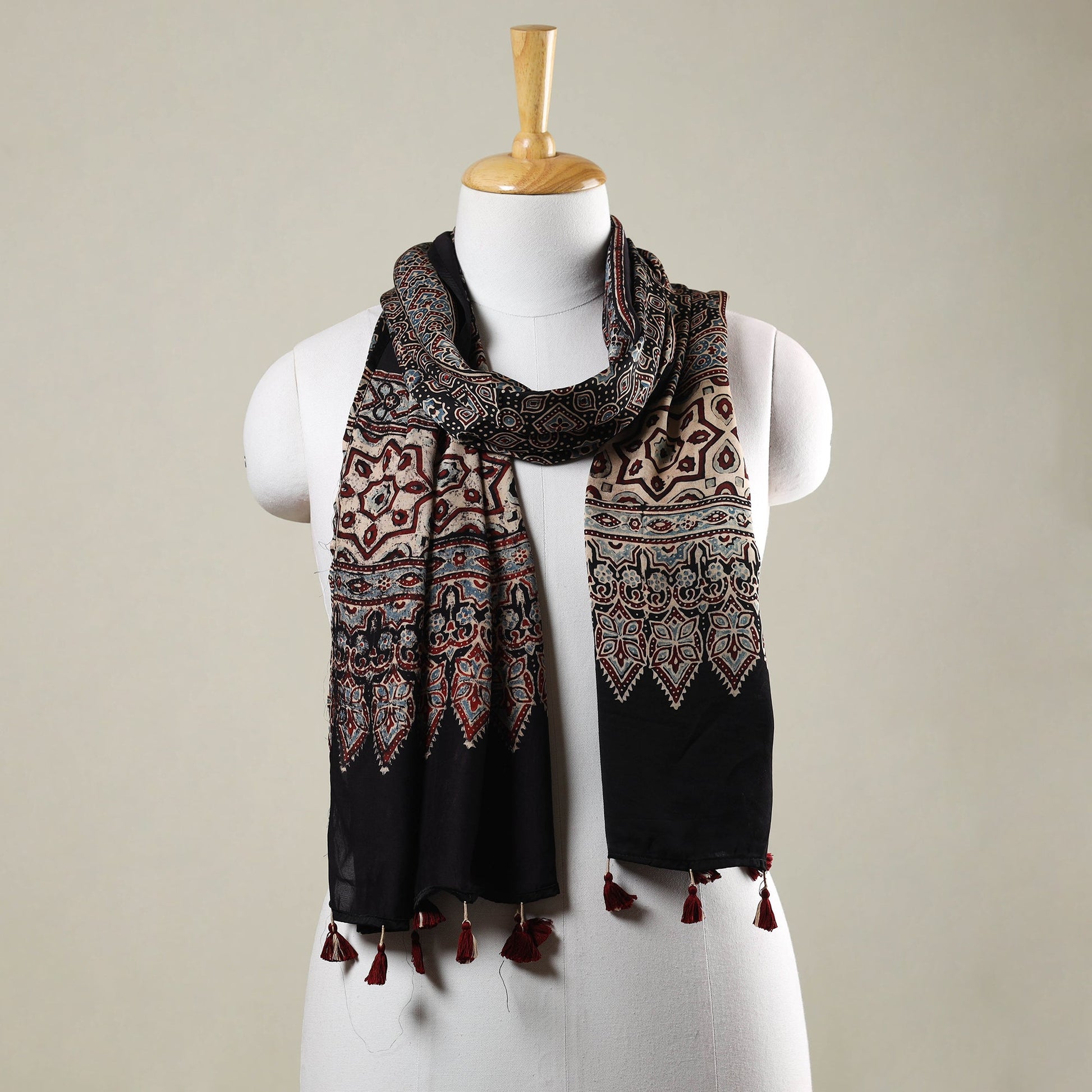 Black - Ajrakh Hand Block Printed Modal Silk Stole with Tassels