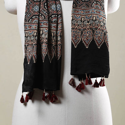 Black - Ajrakh Hand Block Printed Modal Silk Stole with Tassels