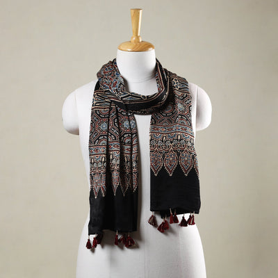 Black - Ajrakh Hand Block Printed Modal Silk Stole with Tassels
