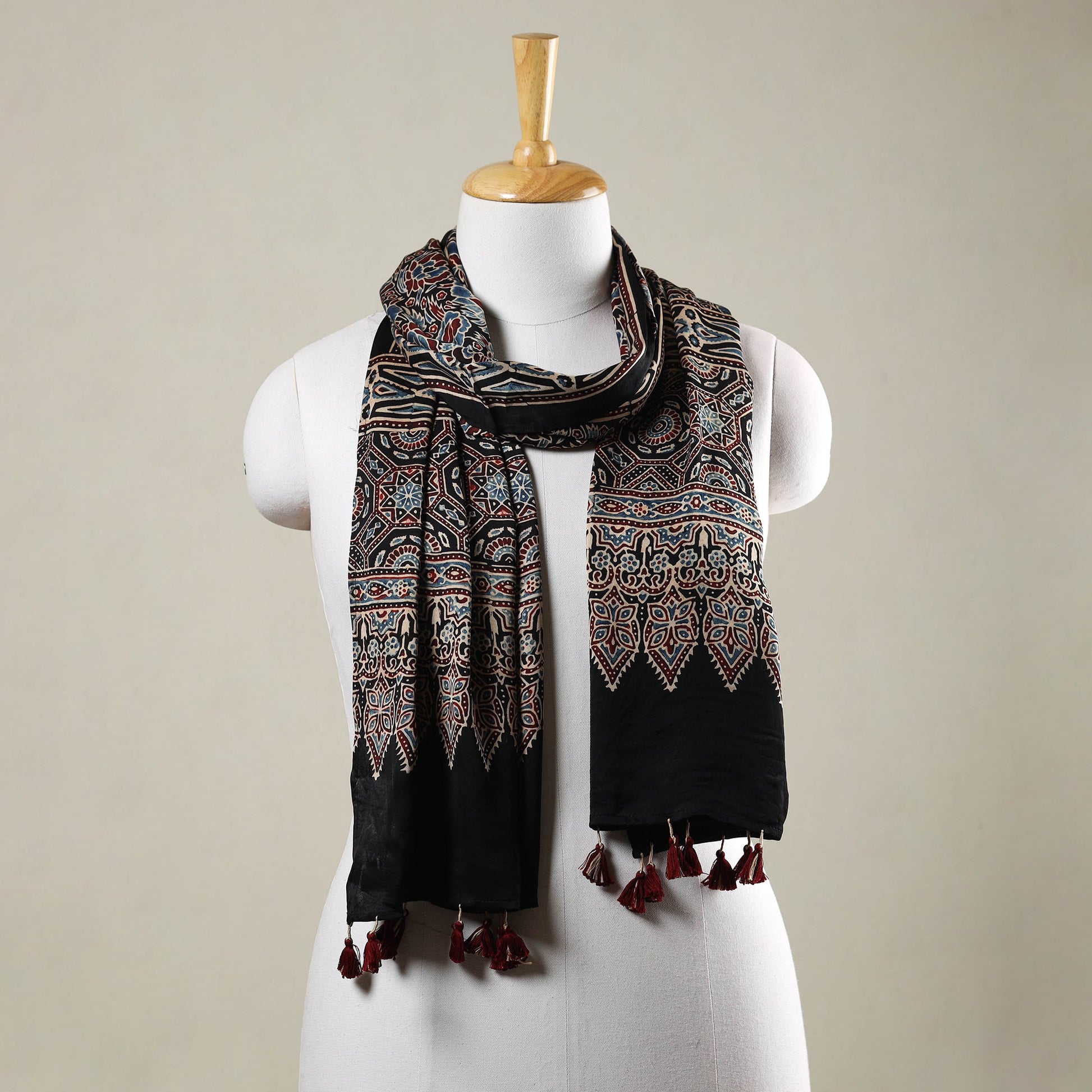 Black - Ajrakh Hand Block Printed Modal Silk Stole with Tassels