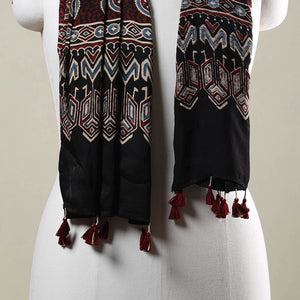 Black - Ajrakh Hand Block Printed Modal Silk Stole with Tassels