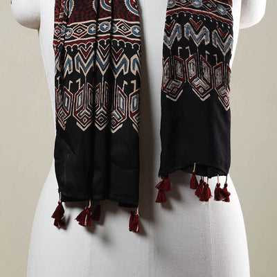 Black - Ajrakh Hand Block Printed Modal Silk Stole with Tassels