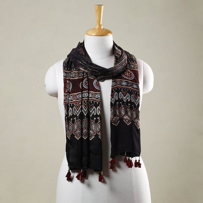 Black - Ajrakh Hand Block Printed Modal Silk Stole with Tassels