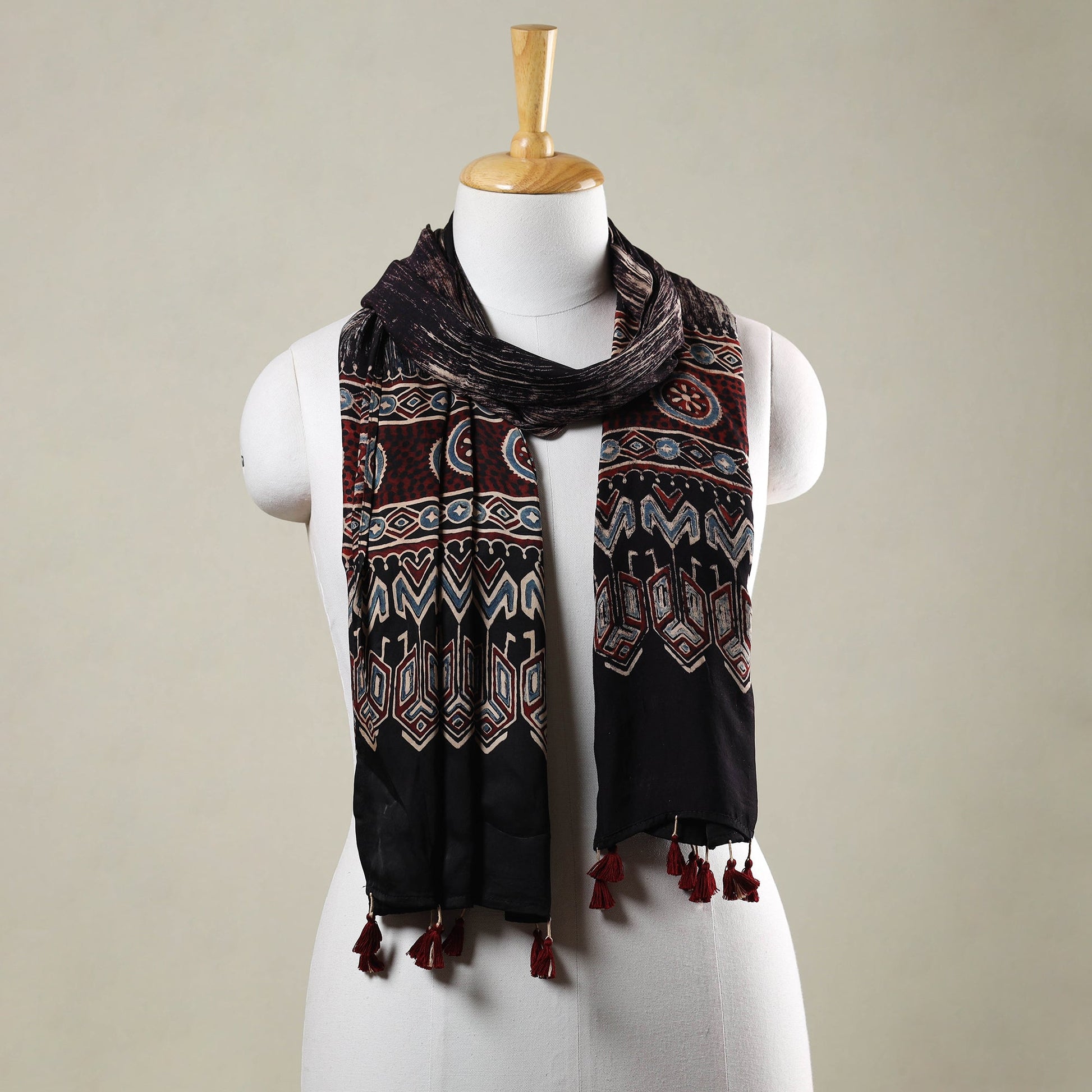 Black - Ajrakh Hand Block Printed Modal Silk Stole with Tassels
