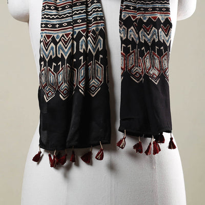 Black - Ajrakh Hand Block Printed Modal Silk Stole with Tassels