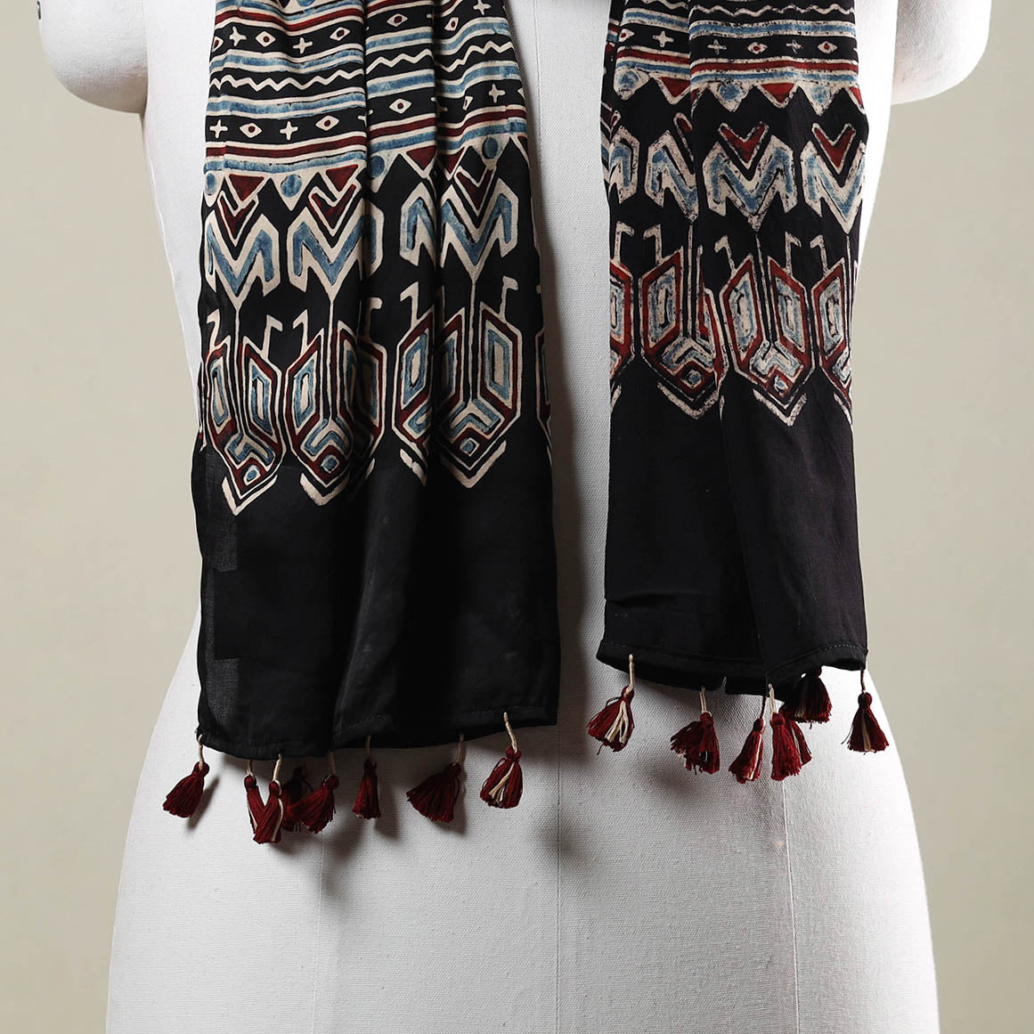 Black - Ajrakh Hand Block Printed Modal Silk Stole with Tassels