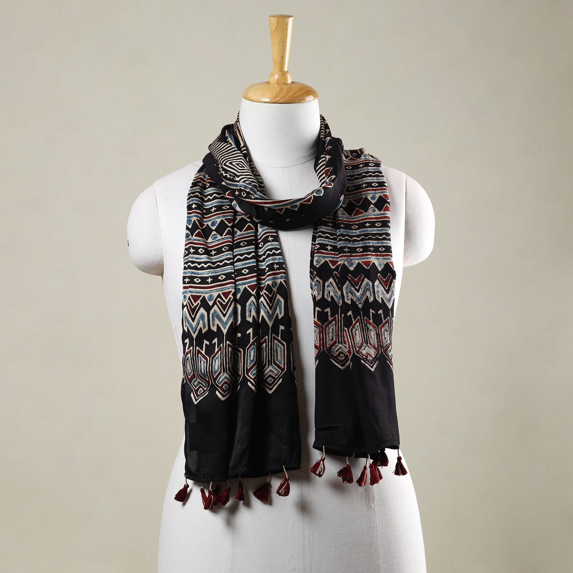 Black - Ajrakh Hand Block Printed Modal Silk Stole with Tassels