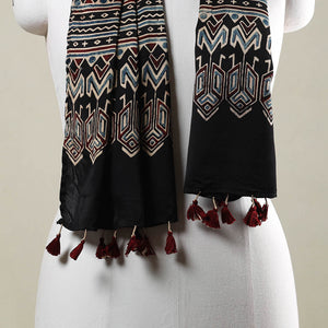 Black - Ajrakh Hand Block Printed Modal Silk Stole with Tassels