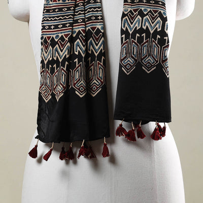 Black - Ajrakh Hand Block Printed Modal Silk Stole with Tassels