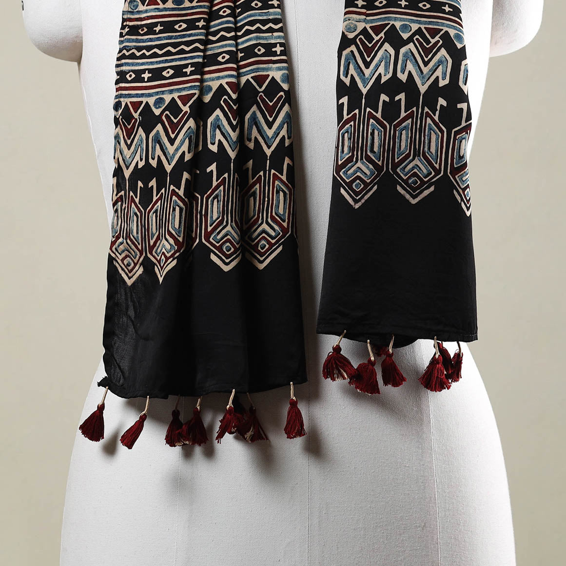Black - Ajrakh Hand Block Printed Modal Silk Stole with Tassels