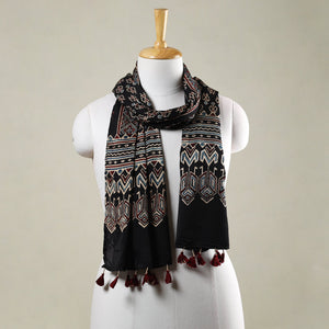 Black - Ajrakh Hand Block Printed Modal Silk Stole with Tassels