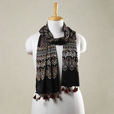 Black - Ajrakh Hand Block Printed Modal Silk Stole with Tassels
