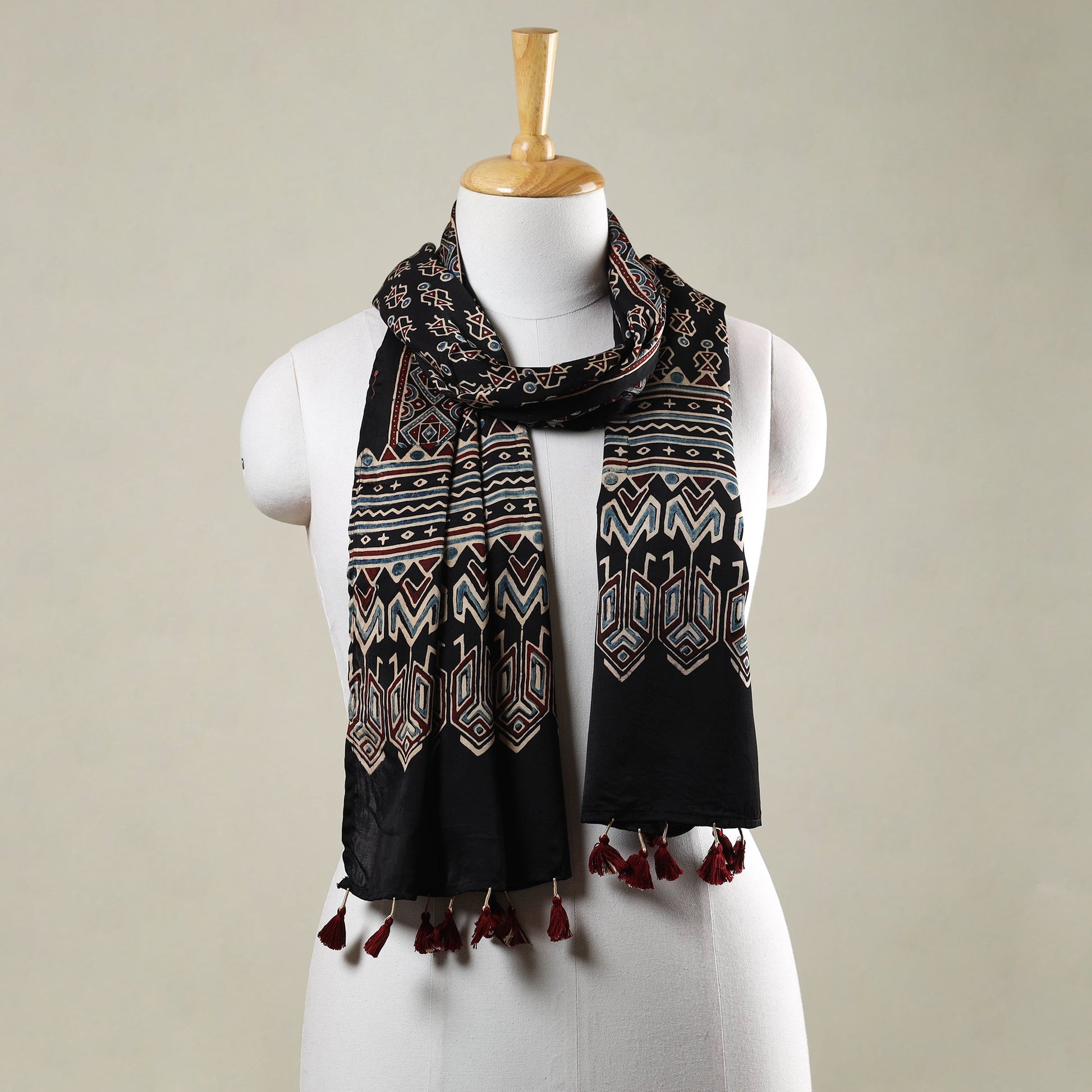 Black - Ajrakh Hand Block Printed Modal Silk Stole with Tassels