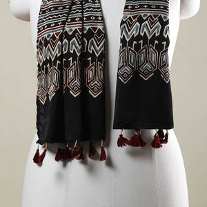 Black - Ajrakh Hand Block Printed Modal Silk Stole with Tassels