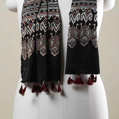 Black - Ajrakh Hand Block Printed Modal Silk Stole with Tassels