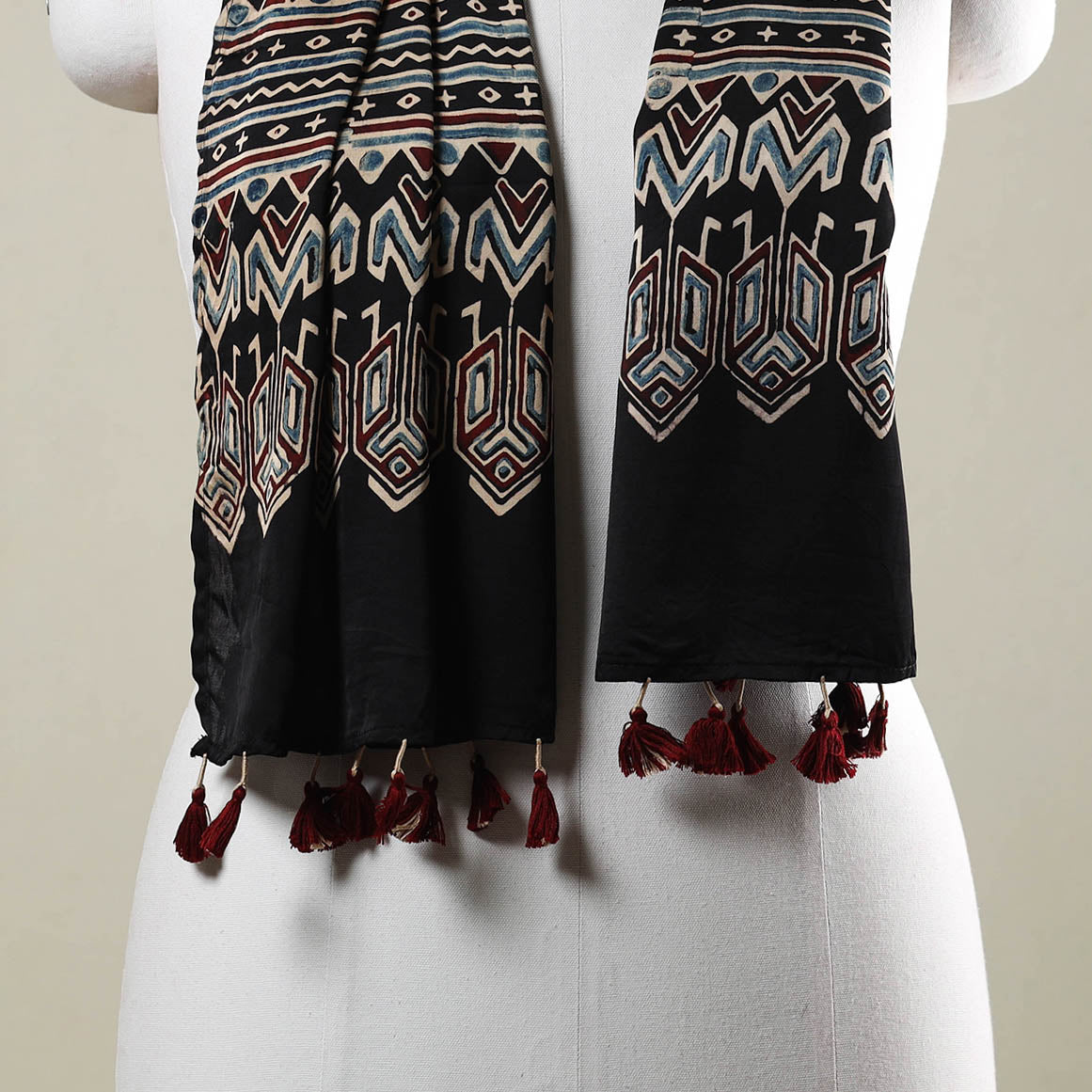 Black - Ajrakh Hand Block Printed Modal Silk Stole with Tassels