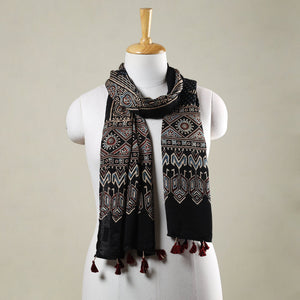 Black - Ajrakh Hand Block Printed Modal Silk Stole with Tassels
