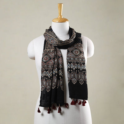 Black - Ajrakh Hand Block Printed Modal Silk Stole with Tassels