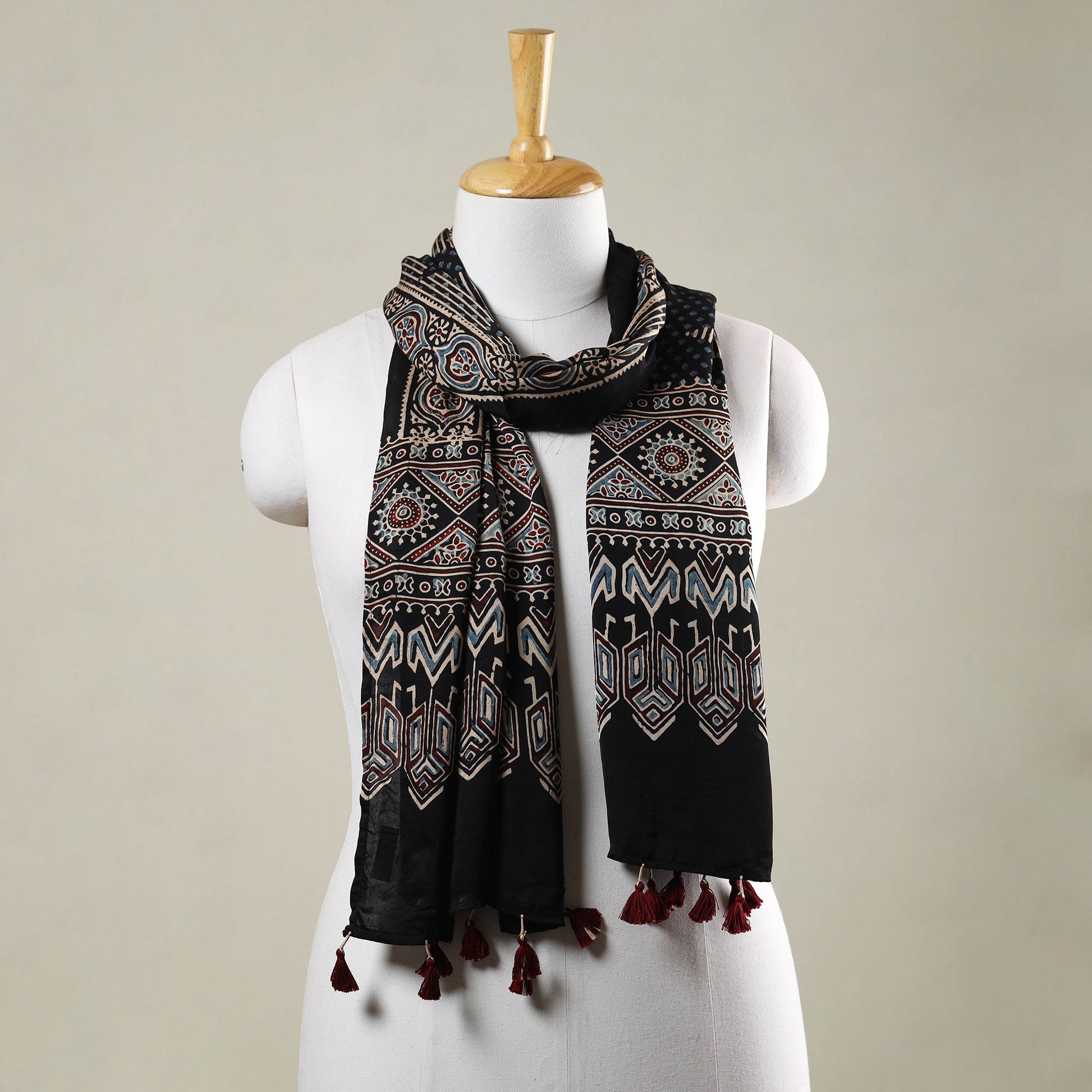 Black - Ajrakh Hand Block Printed Modal Silk Stole with Tassels