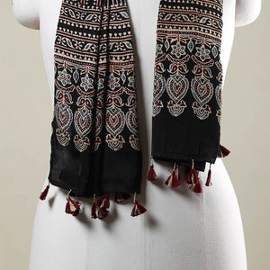 Black - Ajrakh Hand Block Printed Modal Silk Stole with Tassels