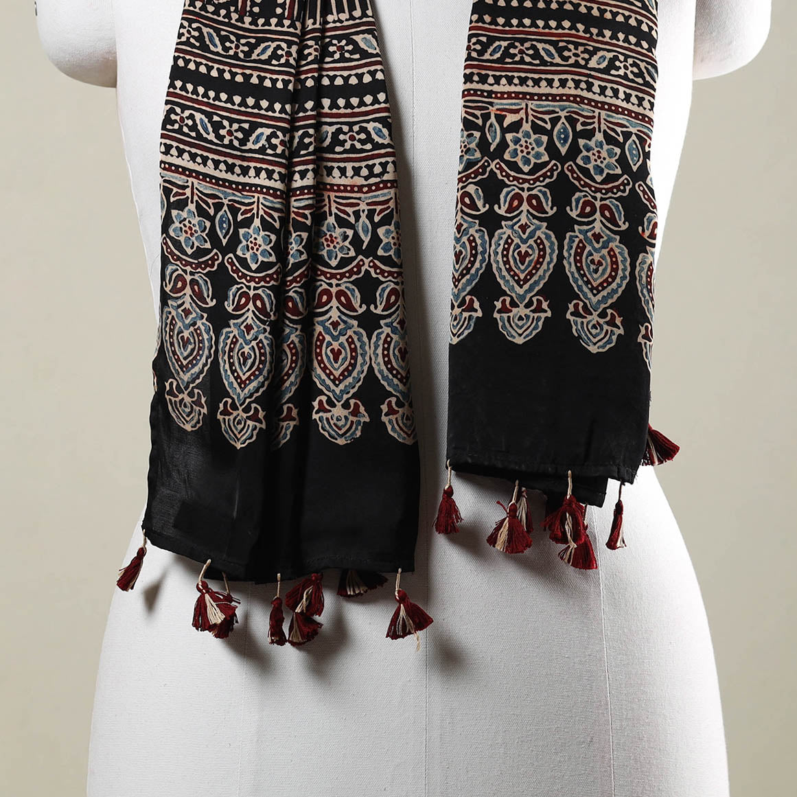 Black - Ajrakh Hand Block Printed Modal Silk Stole with Tassels