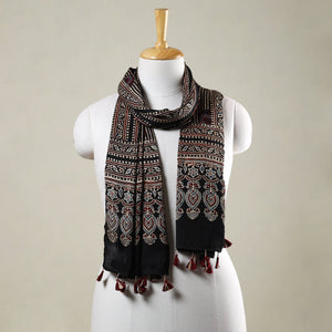 Black - Ajrakh Hand Block Printed Modal Silk Stole with Tassels