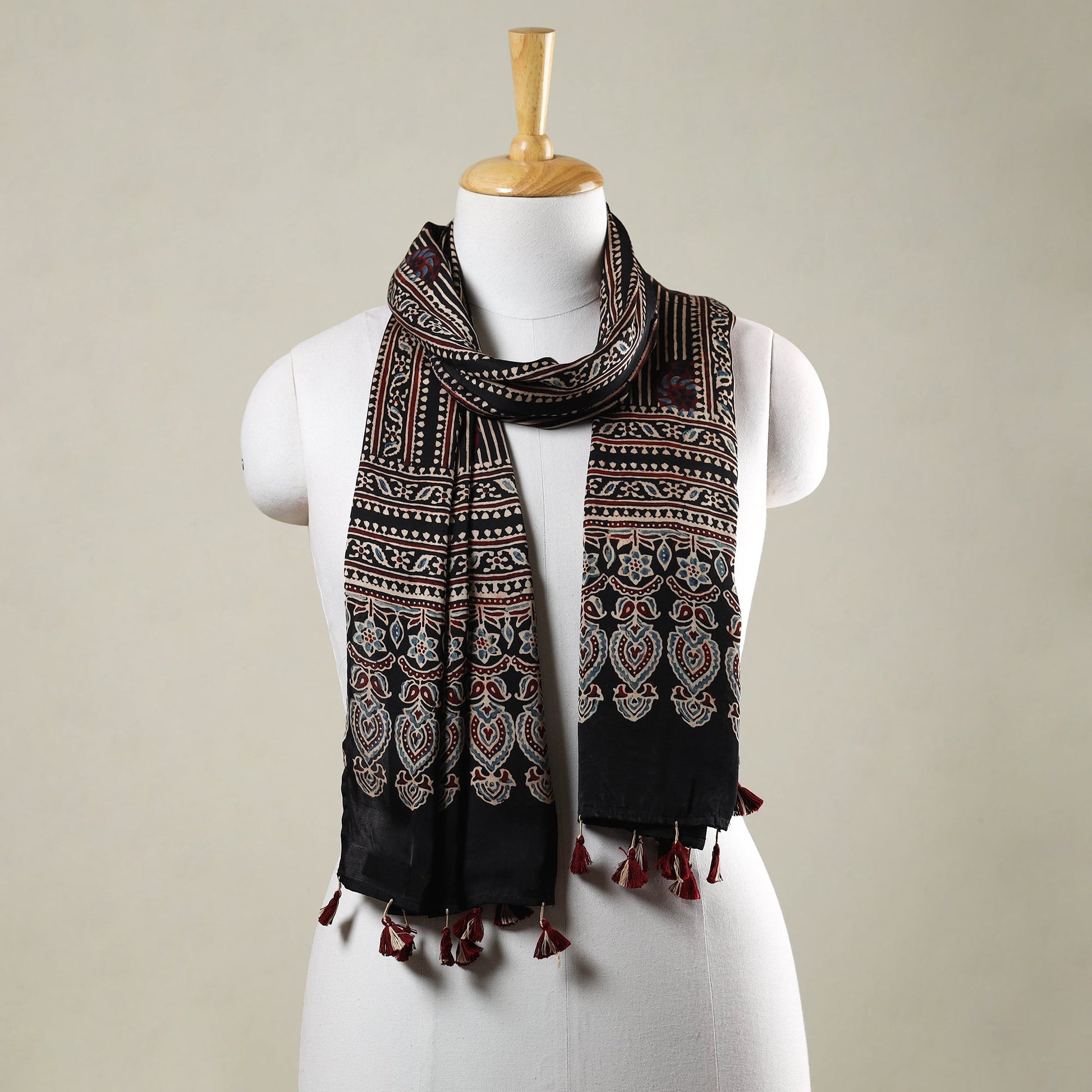 Black - Ajrakh Hand Block Printed Modal Silk Stole with Tassels