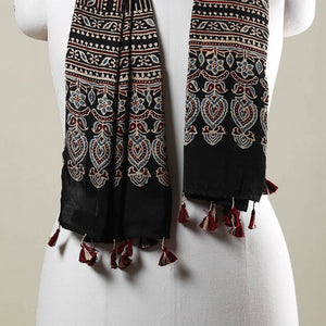 Black - Ajrakh Hand Block Printed Modal Silk Stole with Tassels